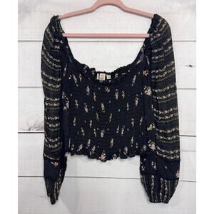Dolan Top Size MED Smocked Black With Floral Print Boehmian